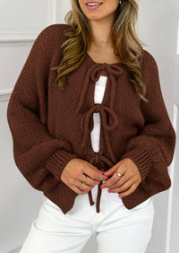 PRETTYGARDEN Women's Tie Front Bow Cardigan Sweaters Chunky Knit Long Puff Sleeve Trendy Fall Winter Jacket Coats