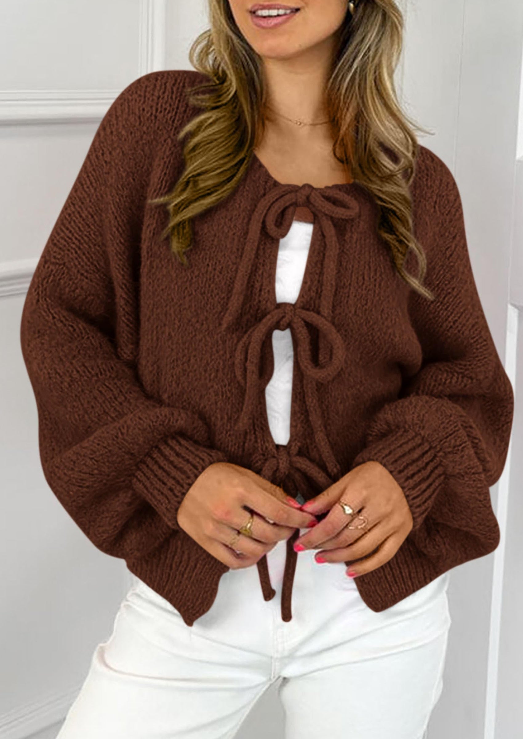 PRETTYGARDEN Women's Tie Front Bow Cardigan Sweaters Chunky Knit Long Puff Sleeve Trendy Fall Winter Jacket Coats