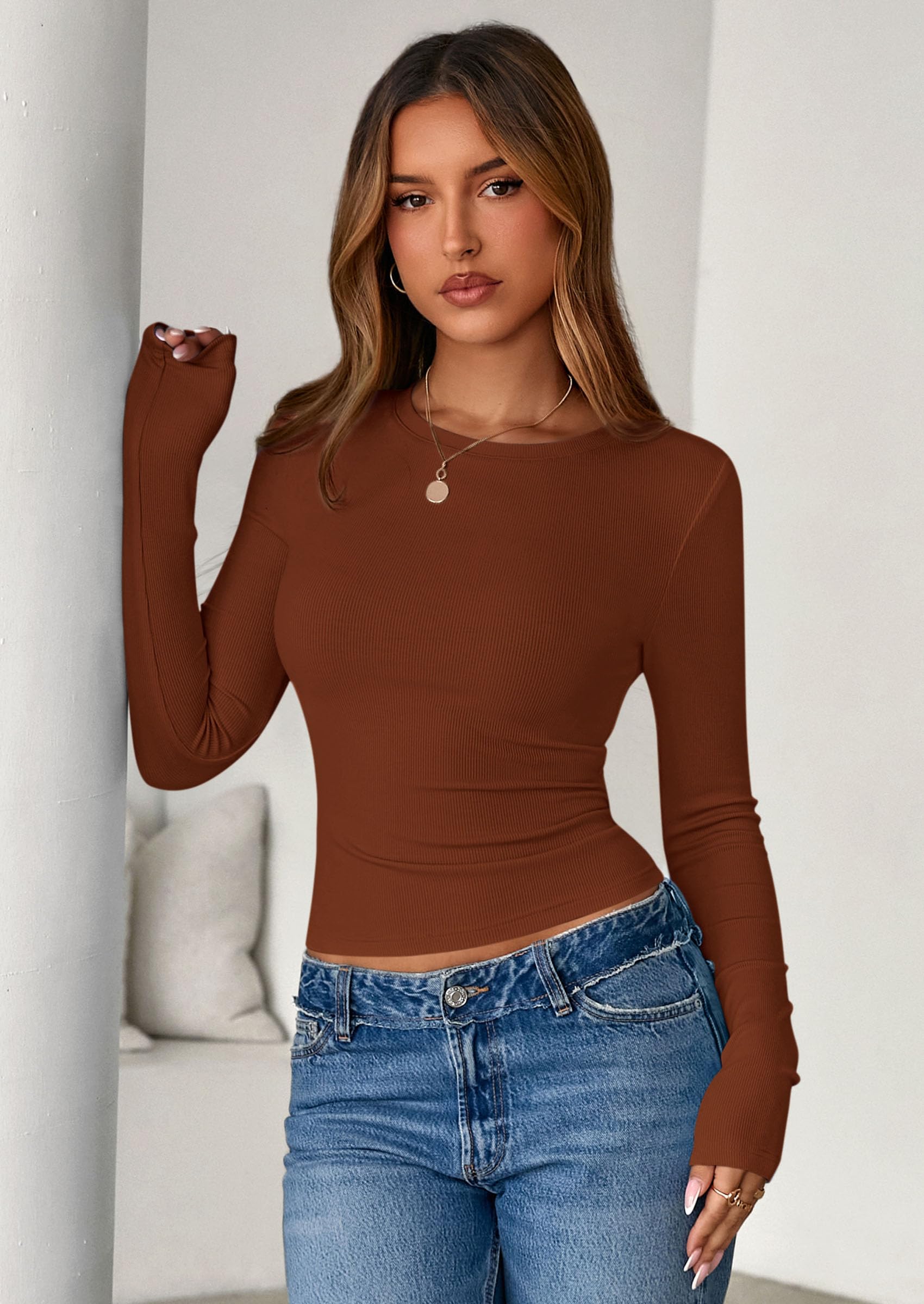 PRETTYGARDEN Womens Summer Fall Long Sleeve Shirts Ribbed Knit Fitted Basic Tee Going Out Tops Underscrub Casual Outfits