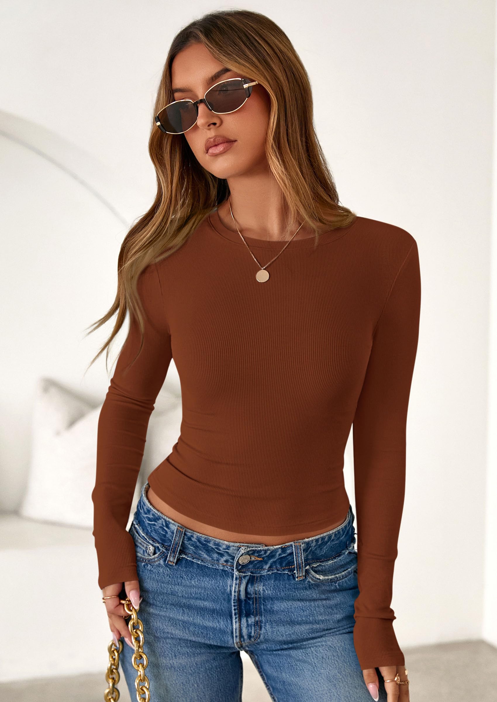 PRETTYGARDEN Womens Summer Fall Long Sleeve Shirts Ribbed Knit Fitted Basic Tee Going Out Tops Underscrub Casual Outfits