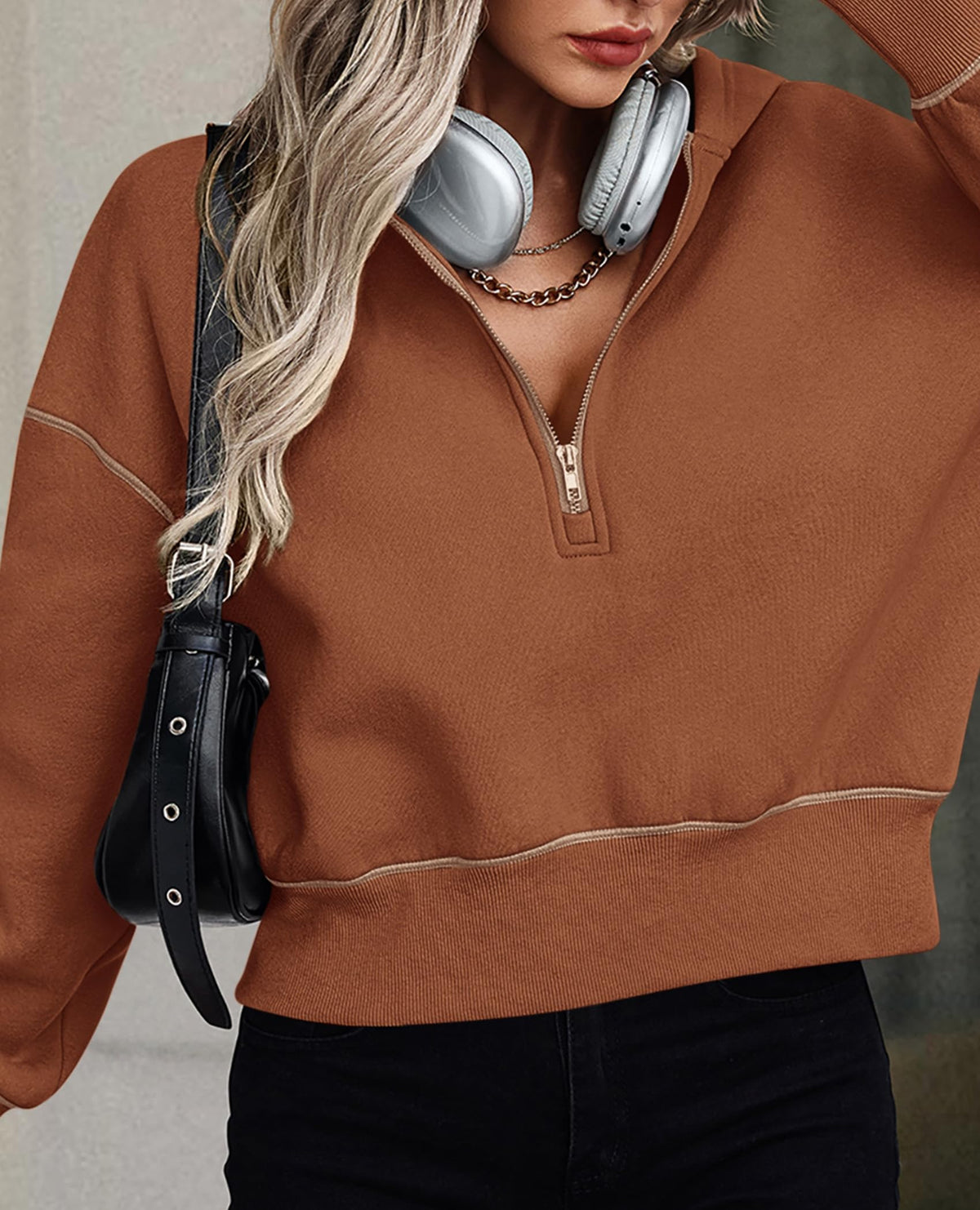 Long Sleeve Half Zip Cropped Pullover Hoodies