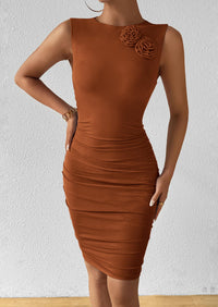 Sleeveless Bodycon Ruched Mesh 3D Flower Elegant Cocktail Party Mini Dresses