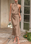 PRETTYGARDEN Women's Summer Satin Dress Elegant Sleeveless Mock Neck Cocktail Party Maxi Dresses