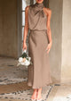 Satin sleeveless stand up collar party long dress