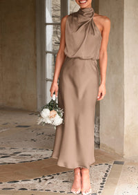 Satin sleeveless stand up collar party long dress
