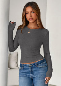 PRETTYGARDEN Womens Summer Fall Long Sleeve Shirts Ribbed Knit Fitted Basic Tee Going Out Tops Underscrub Casual Outfits