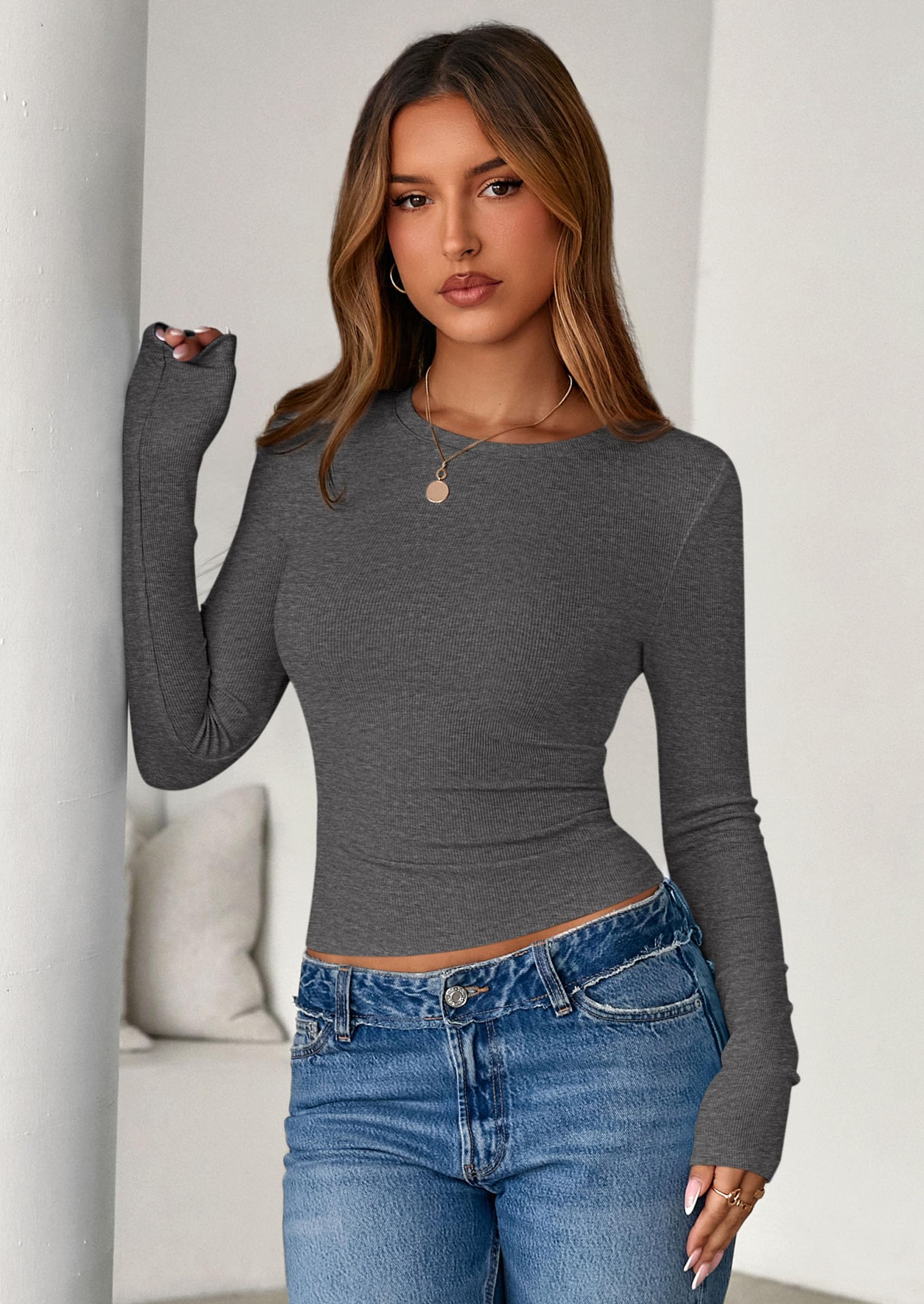 PRETTYGARDEN Womens Summer Fall Long Sleeve Shirts Ribbed Knit Fitted Basic Tee Going Out Tops Underscrub Casual Outfits