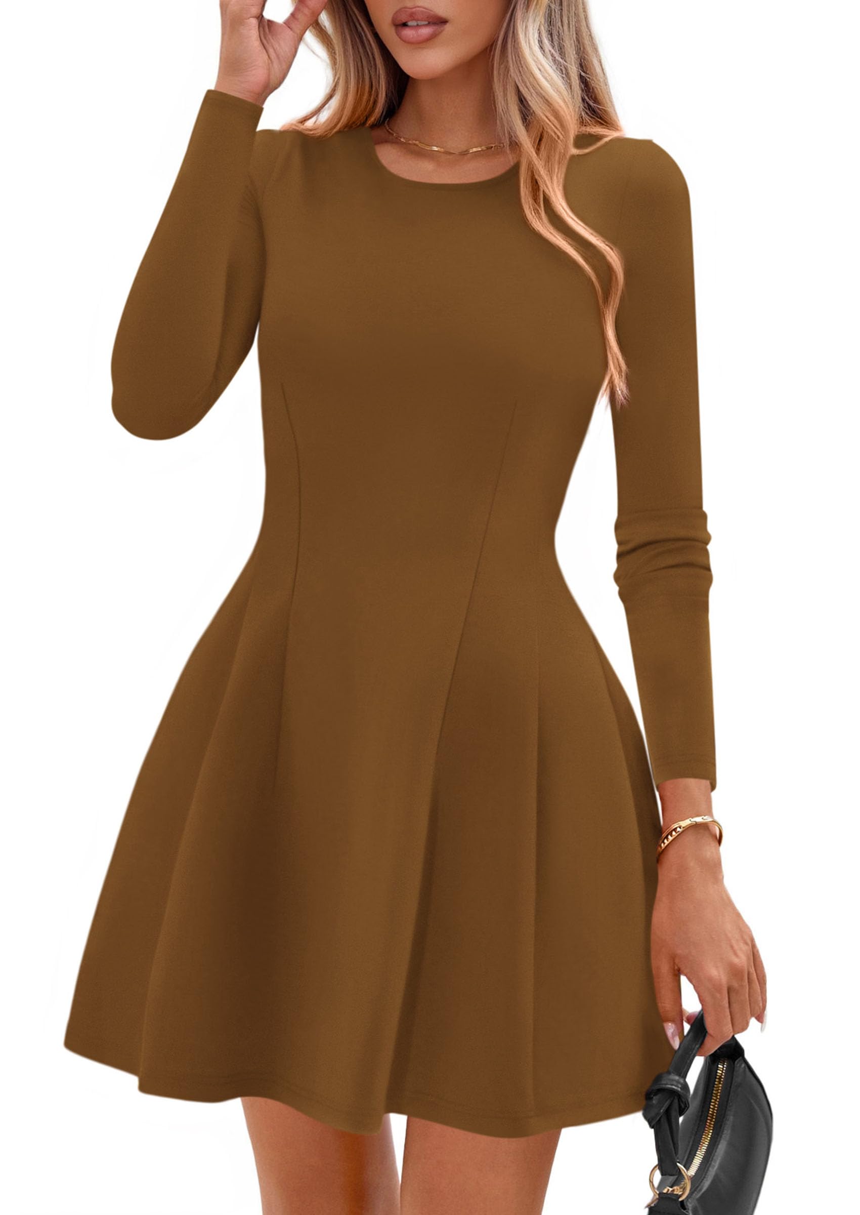 PRETTYGARDEN Long Sleeve Mini Dress for Women Fall Crewneck Knit Pleated Babydoll A Line Soft Casual Short Party Dresses PRETTYGARDEN