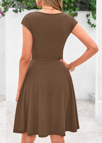 Crew neck Cap Sleeve Ribbed Knit Casual Flowy A Line Mini Dress with Pockets