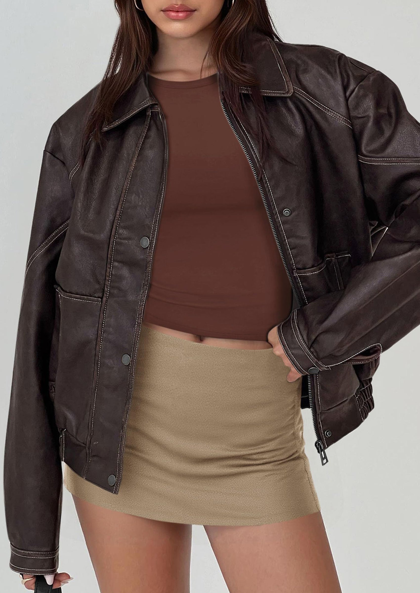 PRETTYGARDEN Faux Leather Jacket Women Bomber Motorcycle Zip Up Jackets Oversized Fall Fashion Outfits Winter Coats