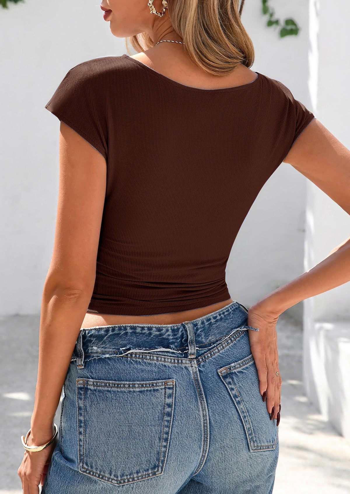 Ruched Crop Cap Sleeve Ribbed Knit Fitted Going Out T-shirts
