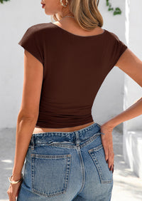Ruched Crop Cap Sleeve Ribbed Knit Fitted Going Out T-shirts