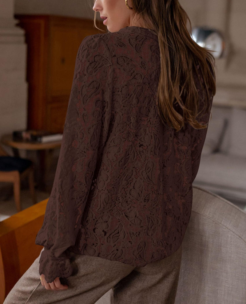 PRETTYGARDEN Women's Dressy Casual Lace Blouse Long Sleeve Button Up Shirts Tops Spring Fall Fashion Clothes