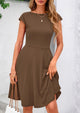 Crew neck Cap Sleeve Ribbed Knit Casual Flowy A Line Mini Dress with Pockets