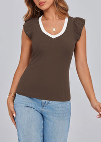 V Neck Ruffle Sleeveless Slim Fit Casual T-shirts