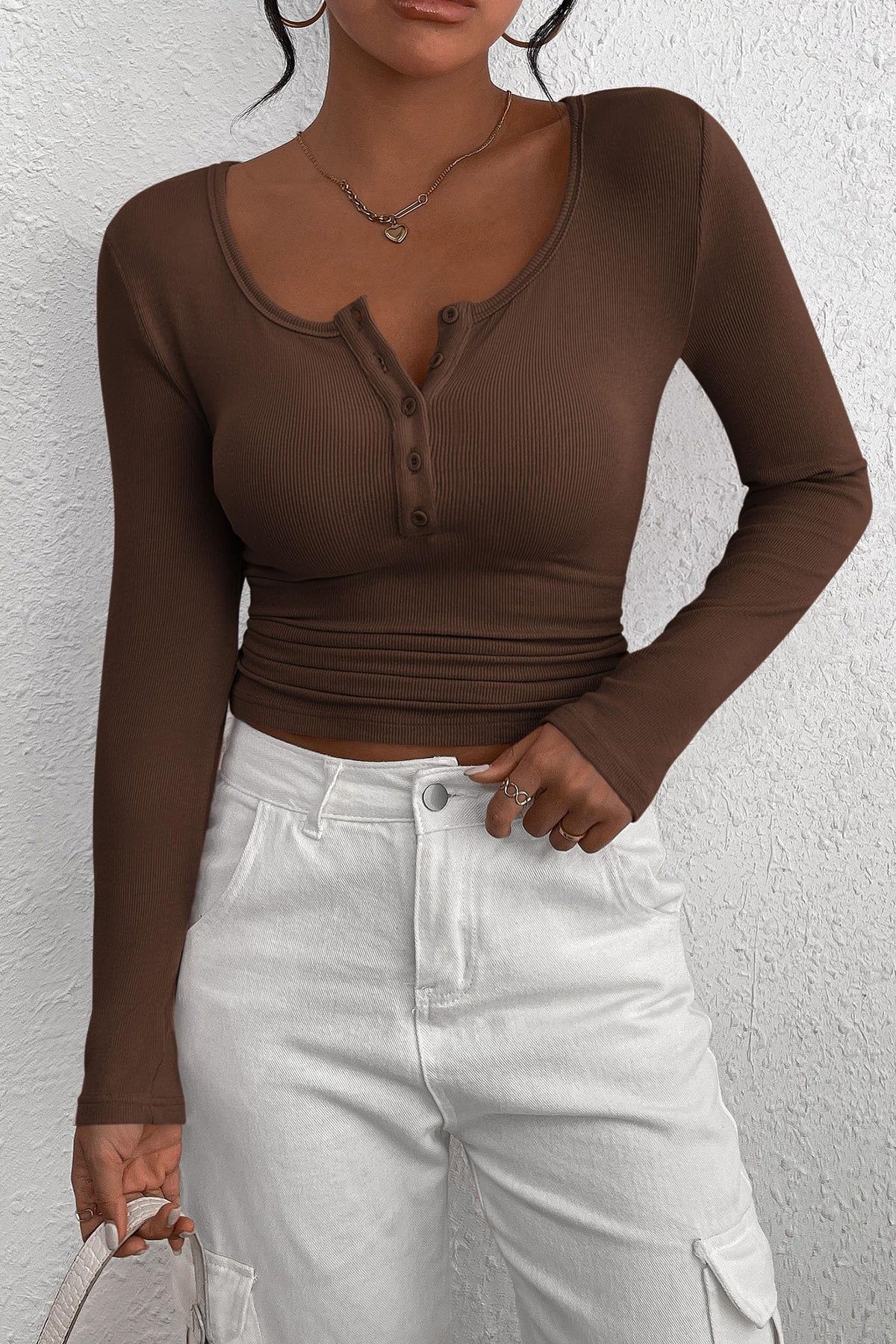 Long Sleeve Henley Button Down Ribbed Knit Slim Fit Casual T-shirts