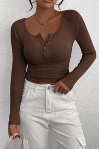 Long Sleeve Henley Button Down Ribbed Knit Slim Fit Casual T-shirts