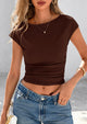 Ruched Crop Cap Sleeve Ribbed Knit Fitted Going Out T-shirts