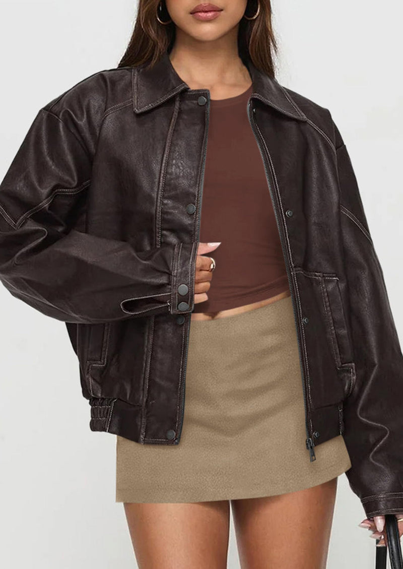PRETTYGARDEN Faux Leather Jacket Women Bomber Motorcycle Zip Up Jackets Oversized Fall Fashion Outfits Winter Coats