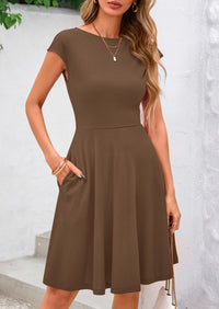 Crew neck Cap Sleeve Ribbed Knit Casual Flowy A Line Mini Dress with Pockets