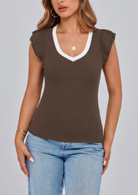 V Neck Ruffle Sleeveless Slim Fit Casual T-shirts