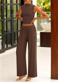 Ribbed Knit Crop Tank Tops Wide Leg Pants 2 Piece Sets