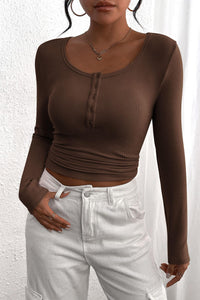 Long Sleeve Henley Button Down Ribbed Knit Slim Fit Casual T-shirts