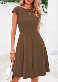 Crew neck Cap Sleeve Ribbed Knit Casual Flowy A Line Mini Dress with Pockets