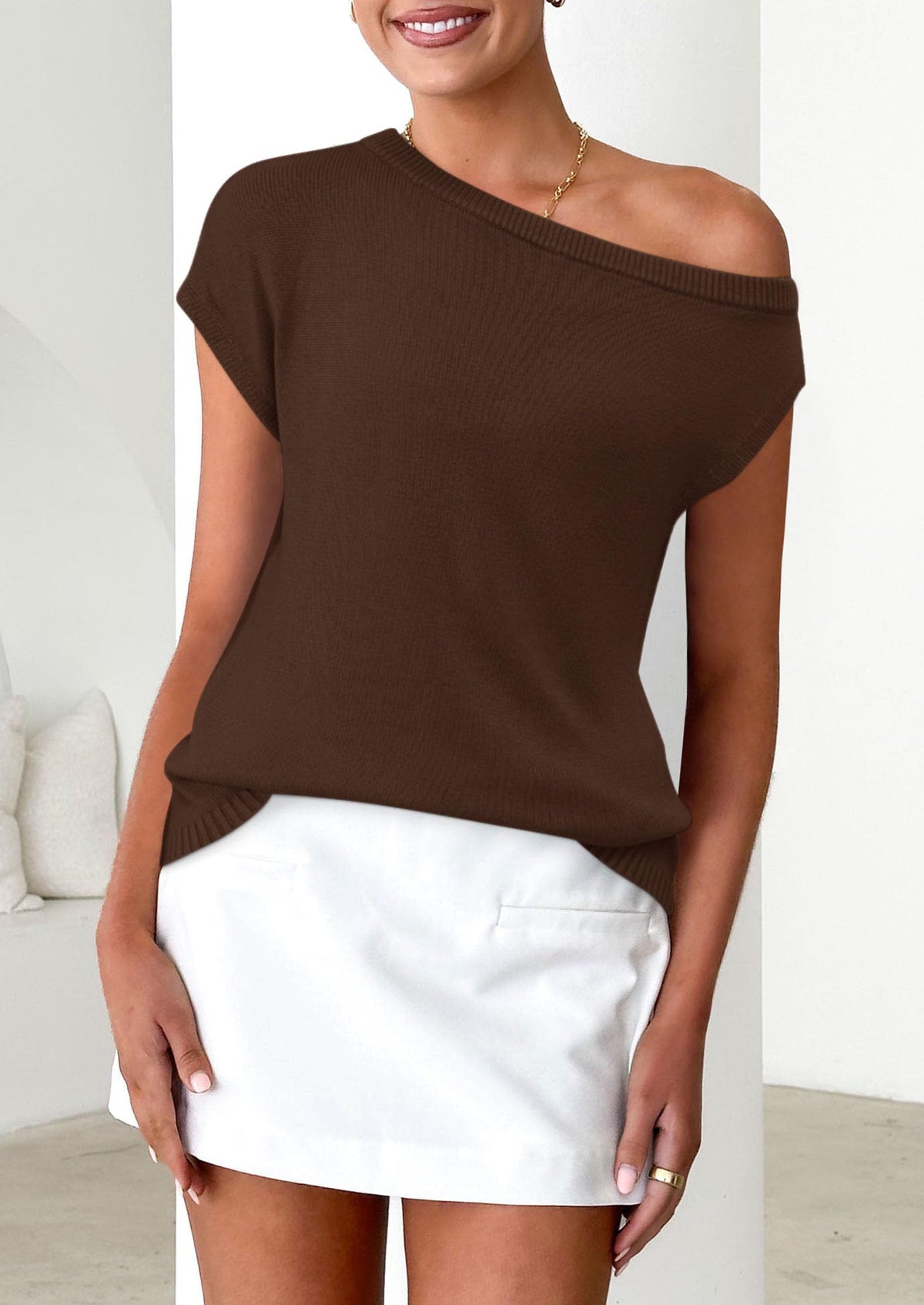 Off The Shoulder Casual Short Sleeve Tunic Lightweight Knit Sweaters
