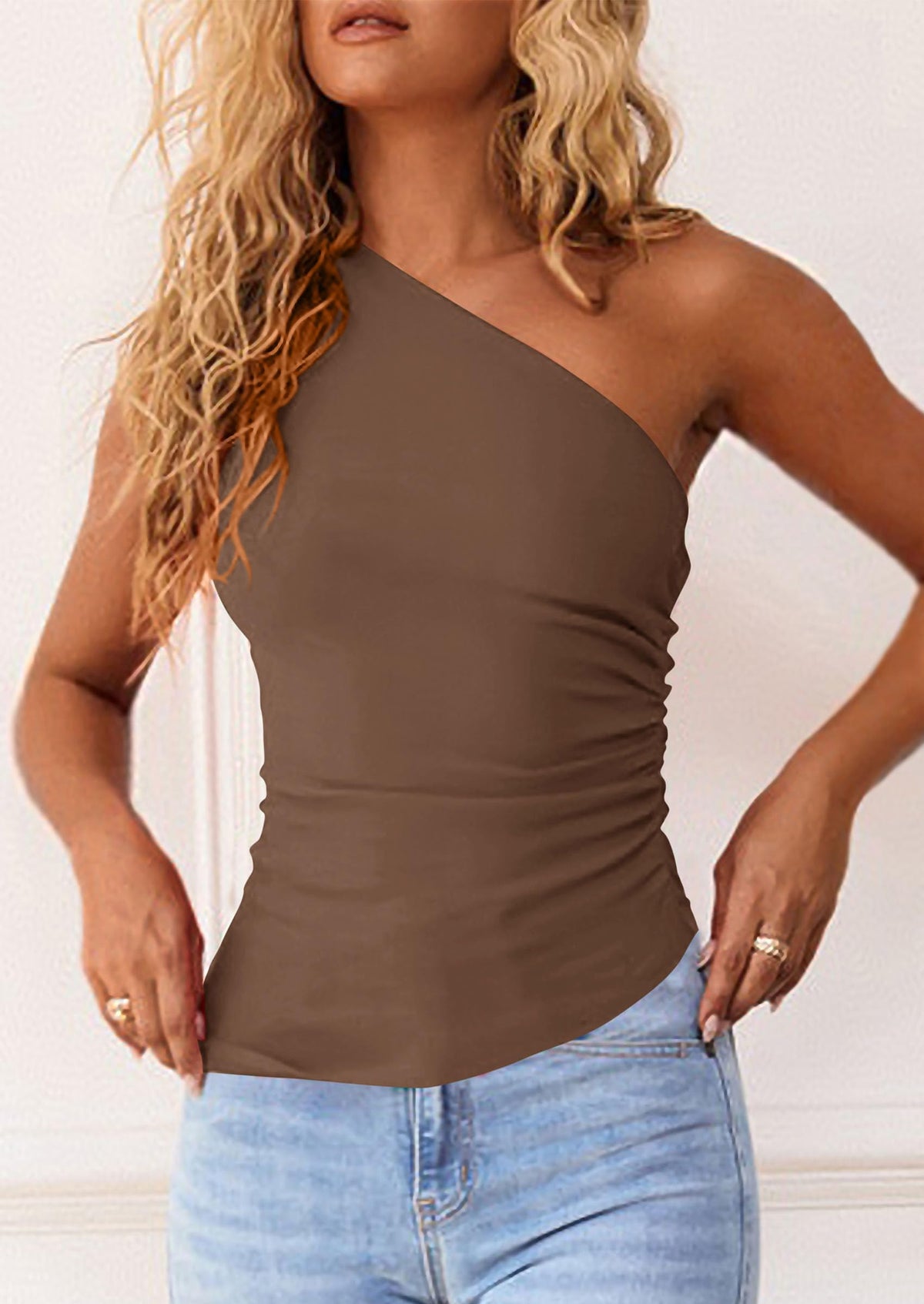 Y2K Sleeveless One Shoulder Slim Fit Ruched Knit Asymmetrical Tank Top