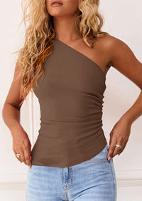 Y2K Sleeveless One Shoulder Slim Fit Ruched Knit Asymmetrical Tank Top