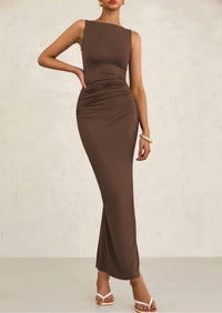 Sleeveless Ruched Bodycon Slit Long Maxi Dresses
