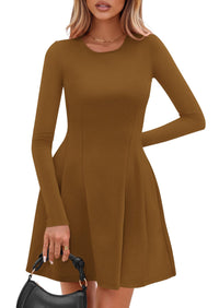 PRETTYGARDEN Long Sleeve Mini Dress for Women Fall Crewneck Knit Pleated Babydoll A Line Soft Casual Short Party Dresses PRETTYGARDEN