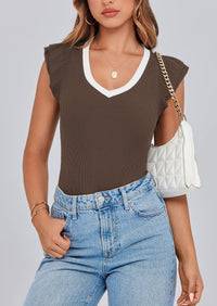 V Neck Ruffle Sleeveless Slim Fit Casual T-shirts