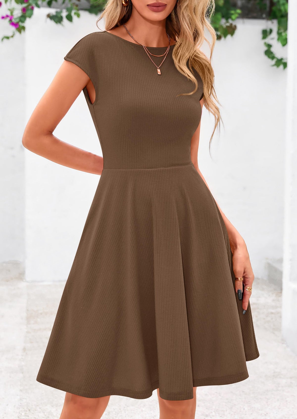 Crew neck Cap Sleeve Ribbed Knit Casual Flowy A Line Mini Dress with Pockets