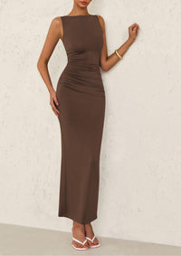 Sleeveless Ruched Bodycon Slit Long Maxi Dresses