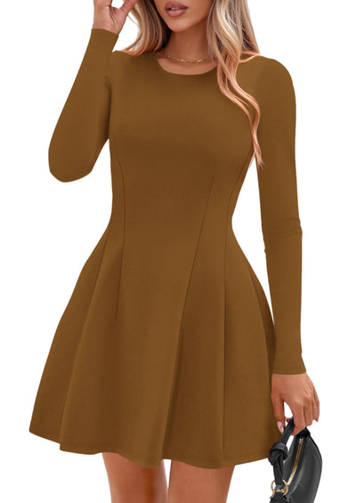 PRETTYGARDEN Long Sleeve Mini Dress for Women Fall Crewneck Knit Pleated Babydoll A Line Soft Casual Short Party Dresses PRETTYGARDEN