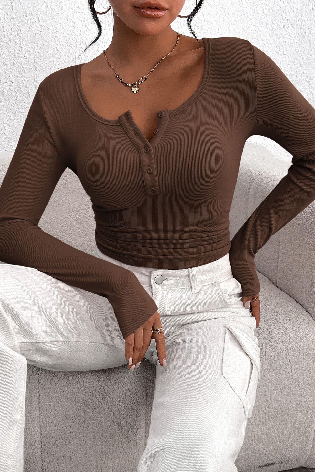 Long Sleeve Henley Button Down Ribbed Knit Slim Fit Casual T-shirts