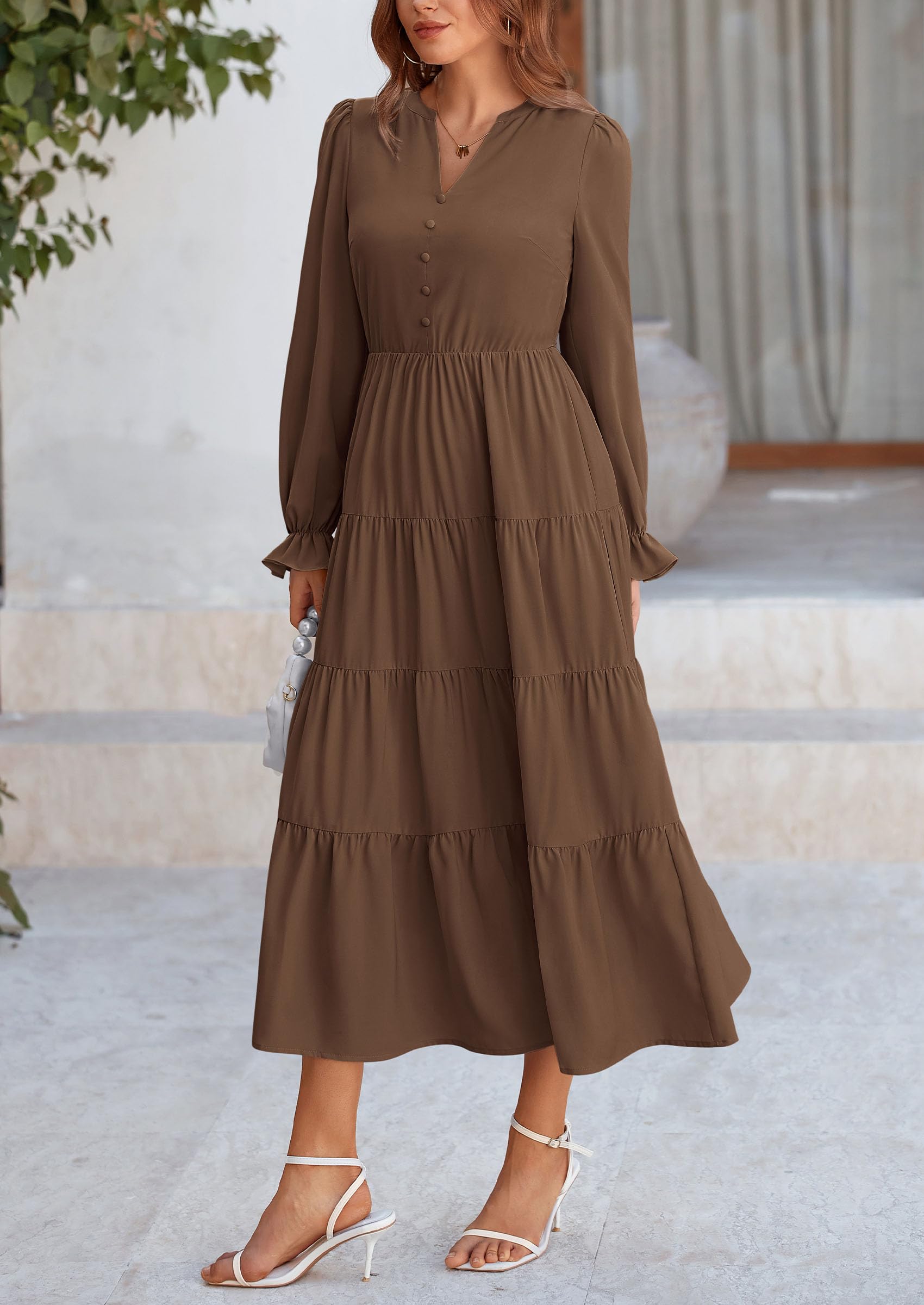 PRETTYGARDEN Women Fall Long Sleeve Smocked Maxi Dress Casual Square Neck Swiss Dot Tiered Ruffle Flowy Spring Pocket Dresses