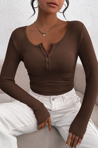 Long Sleeve Henley Button Down Ribbed Knit Slim Fit Casual T-shirts