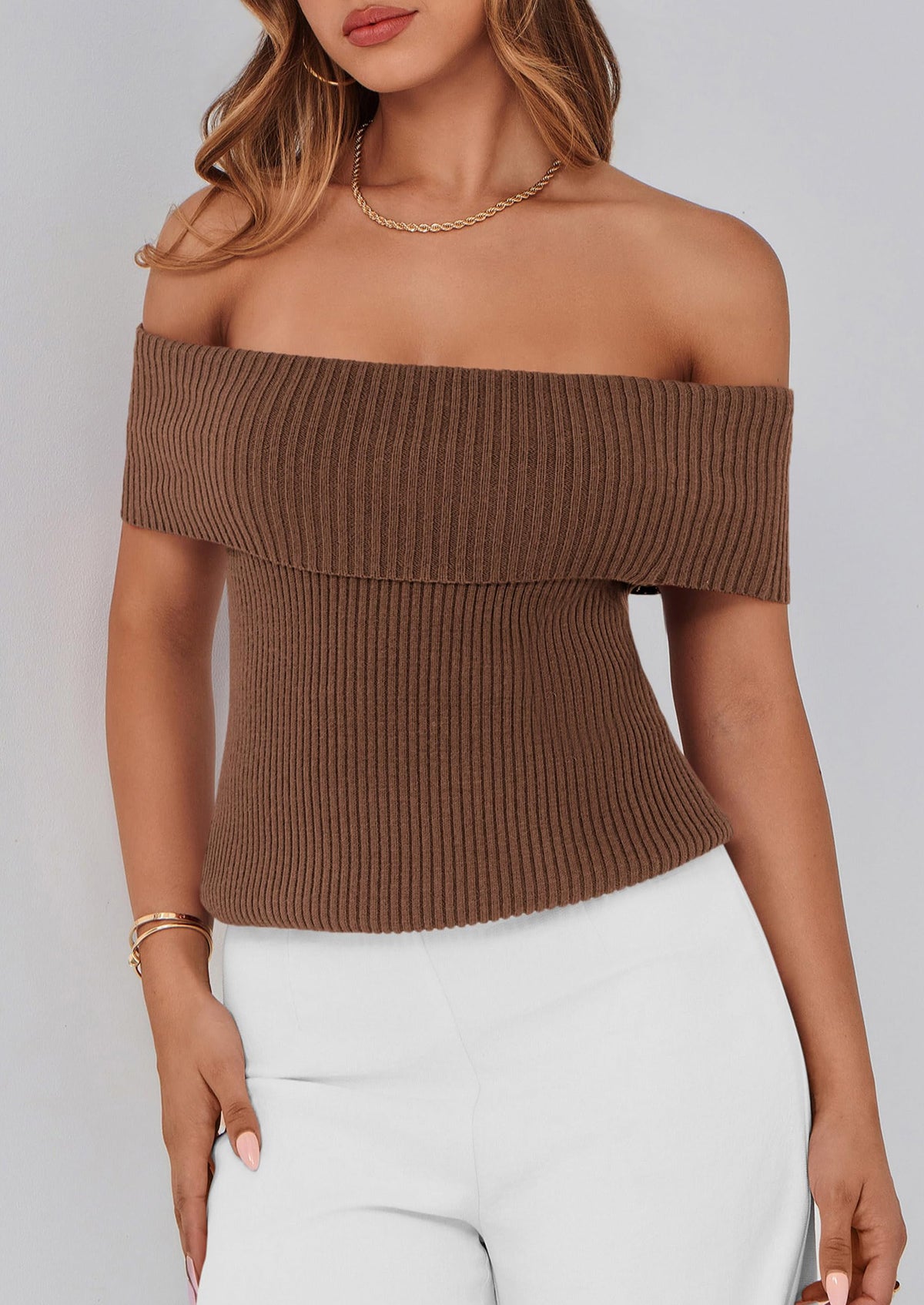 Off Shoulder Ribbed Knit Short Sleeve Blouse
