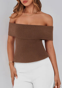Off Shoulder Ribbed Knit Short Sleeve Blouse