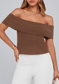 Off Shoulder Ribbed Knit Short Sleeve Blouse