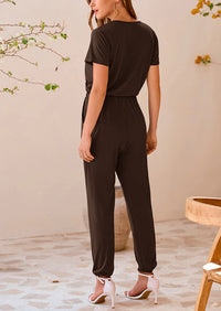 Deep V Neck Wrap Drawstring Waist Jumpsuits