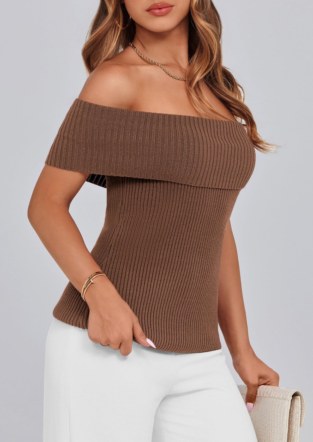 Off Shoulder Ribbed Knit Short Sleeve Blouse