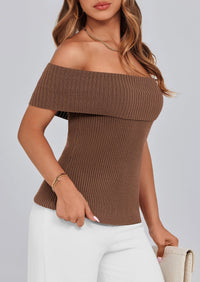 Off Shoulder Ribbed Knit Short Sleeve Blouse