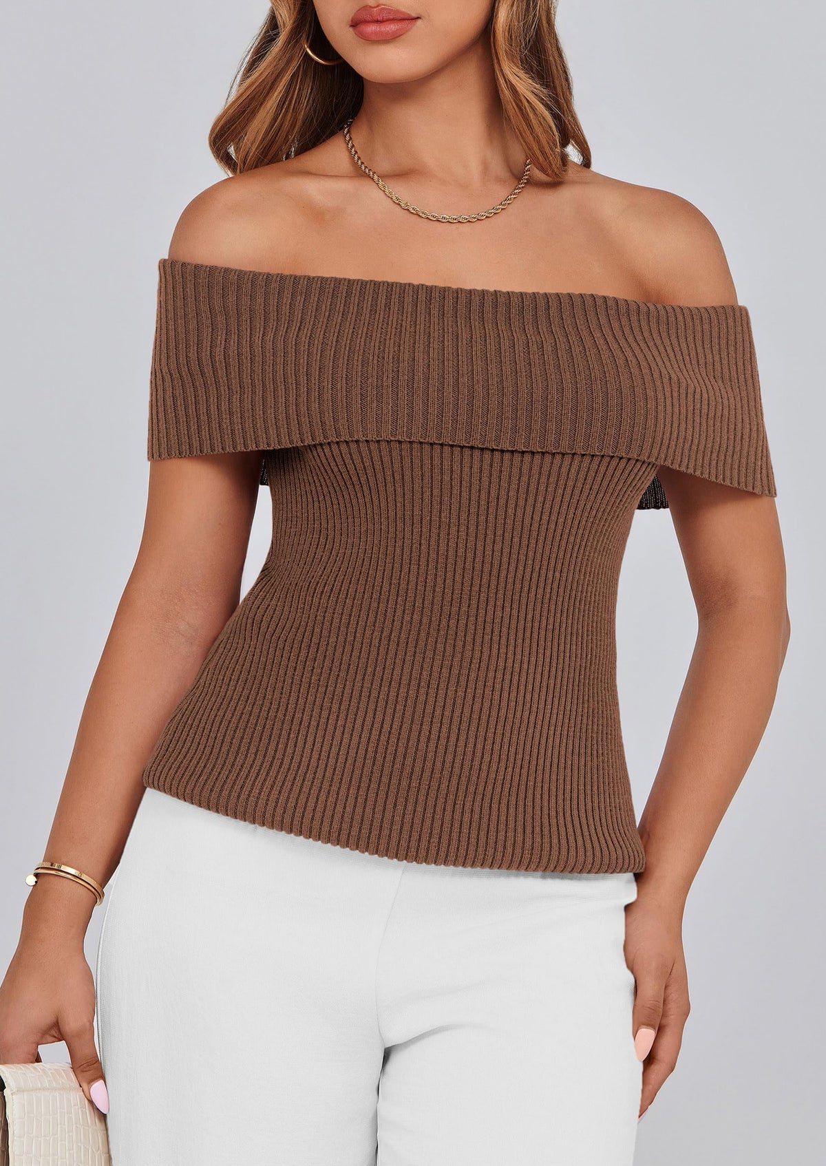 Off Shoulder Ribbed Knit Short Sleeve Blouse
