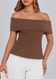 Off Shoulder Ribbed Knit Short Sleeve Blouse