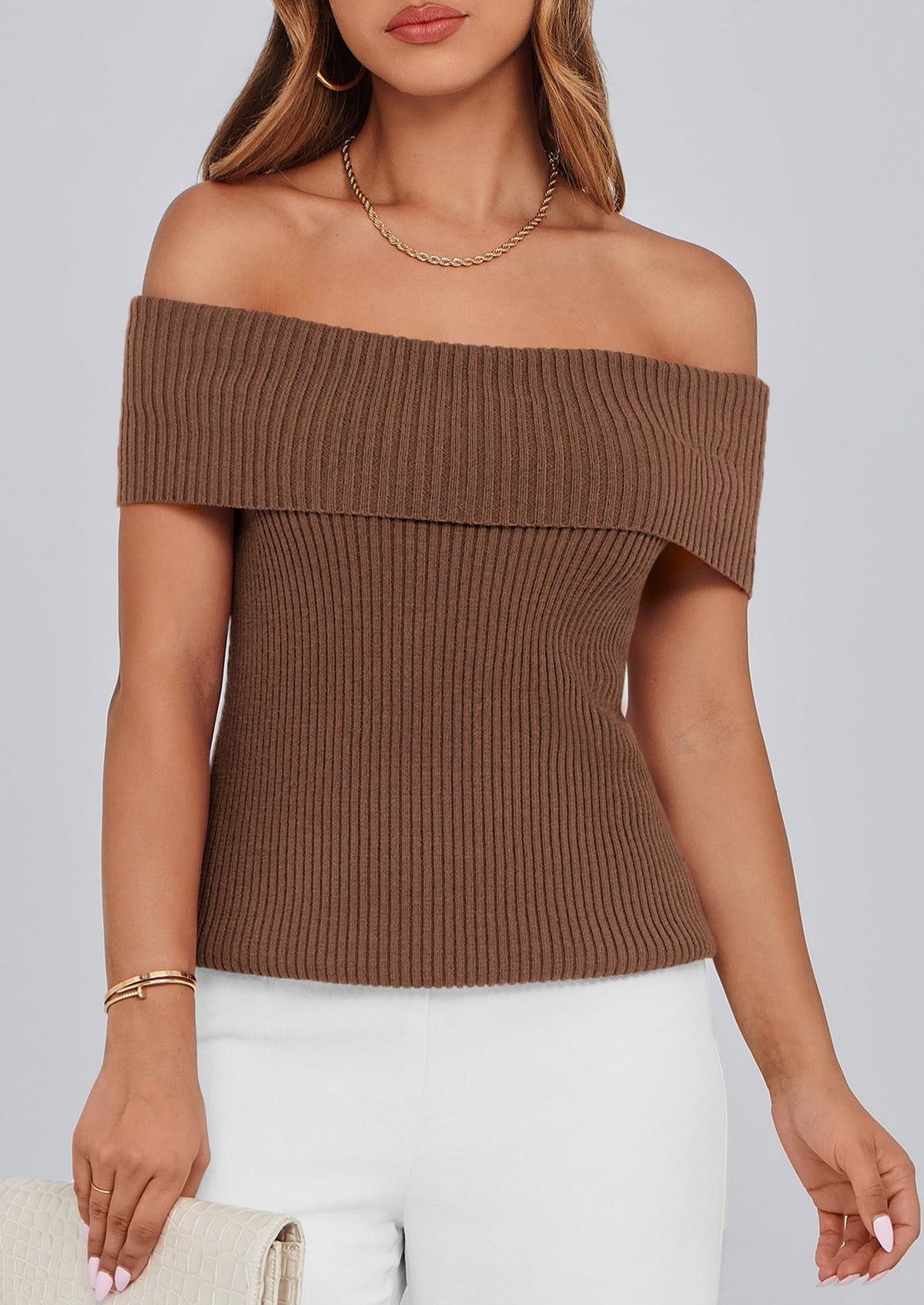 Off Shoulder Ribbed Knit Short Sleeve Blouse