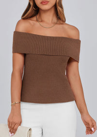 Off Shoulder Ribbed Knit Short Sleeve Blouse